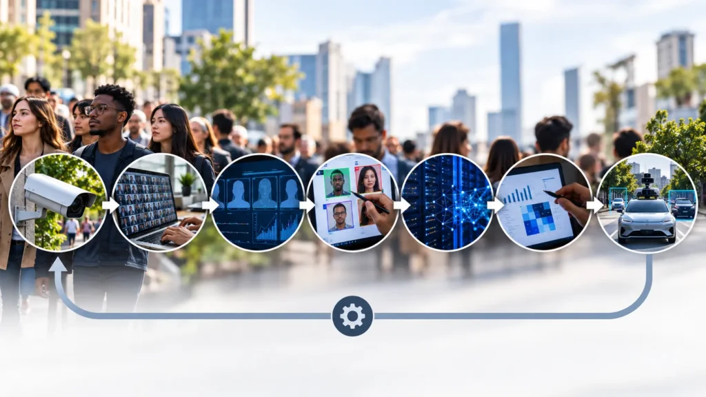 Real-world scenes showing how data moves through a machine learning pipeline from collection and labeling to evaluation and deployment