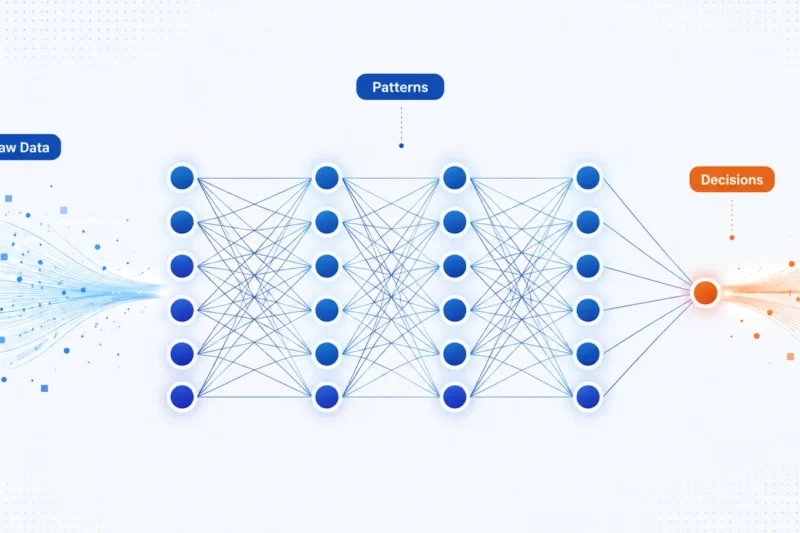 Deep learning neural network showing raw data flowing through multiple layers to identify patterns and make decisions.