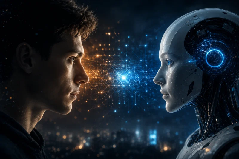 A person studying an artificial intelligence interface on a computer screen that displays a digital AI visualisation in a modern workspace.