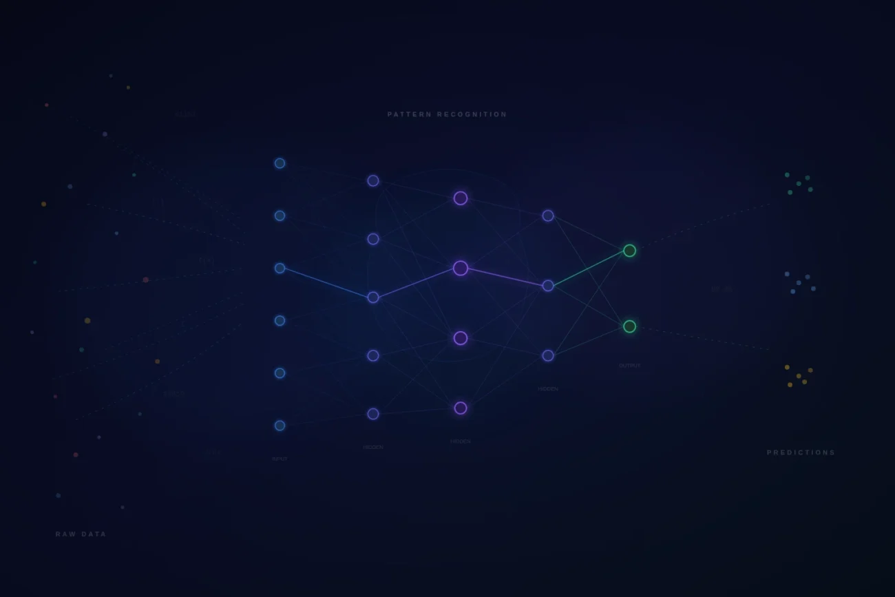 Neural network visualization showing raw data transforming into machine learning predictions