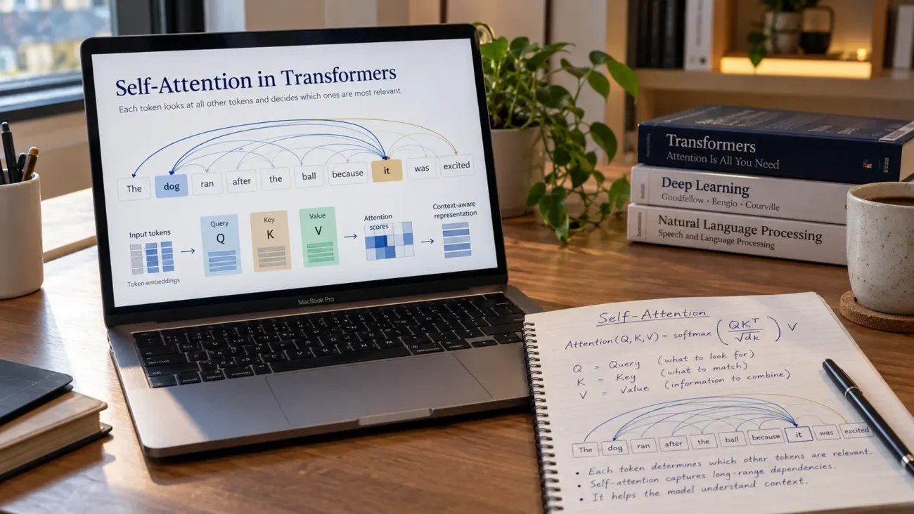 Self-attention in Transformers showing Query Key Value and token relationships