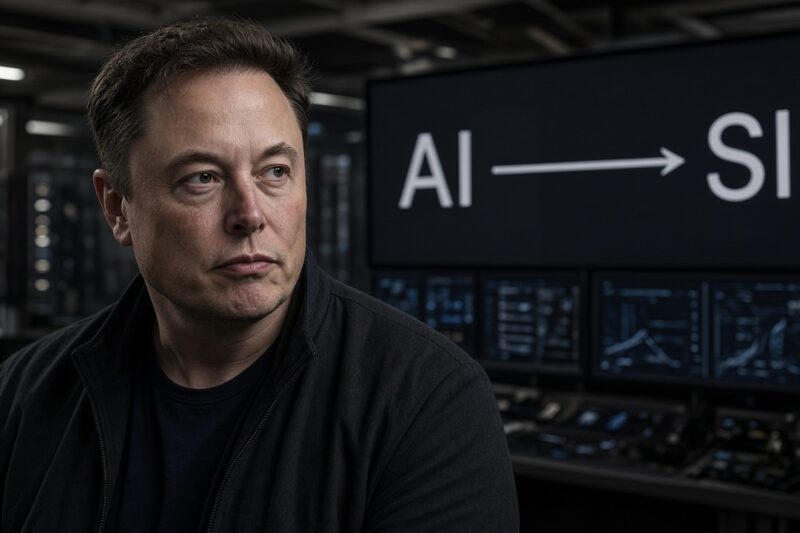Elon Musk with AI to SI concept on screen