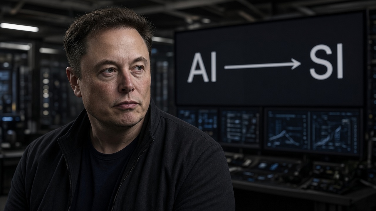 Elon Musk with AI to SI concept on screen
