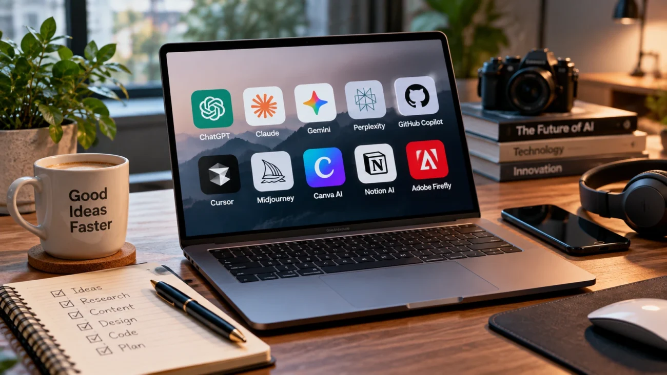 Best AI tools in 2026 shown on a laptop for writing research coding design and productivity